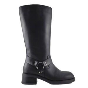 Yokono Women's Tall Black Leather Riding Biker Boots Strap Buckle Block Heel 39
